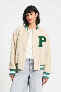 Outerwear: Pom Teddy Baseball Jacket - Ecru