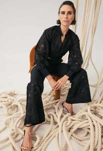 OnceWas Rhea Linen Viscose Embroided Pant - Black