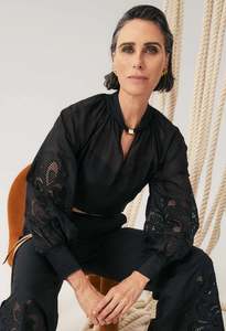 Once Was: OnceWas Simona Cotton Silk Embroided Blouse - Black