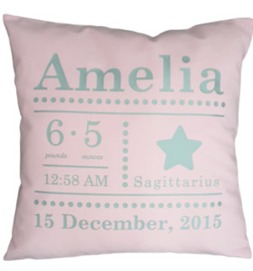 Products: Personalised Birth Announcement Cushion - pastel pink shopJESS