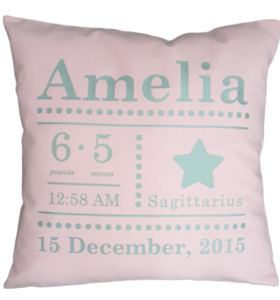 Products: Personalised Birth Announcement Cushion - pastel pink shopJESS