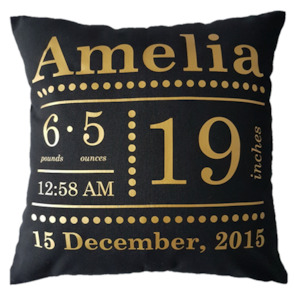 Personalised Birth Announcement Cushion - black shopJESS