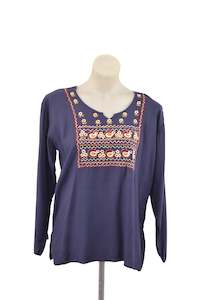 Shirts: Navy blue embroidered flowy blouse, M