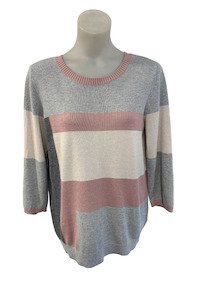 Knitwear: Ella J grey + pink blocks 3/4 sleeve jumper, M