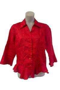 Tops: K&K vibrant red ramie linen button up blouse, 10