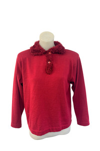 Vintage furry collar red lightweight sweater