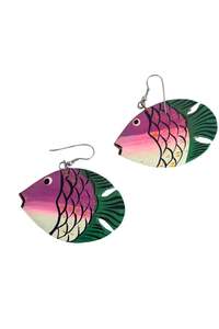 Vintage wood fish earrings pink + green