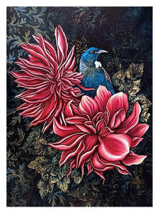 Souvenirs: NZ Print Tea Towel - Tui in the Dahlias - Anita Madhav