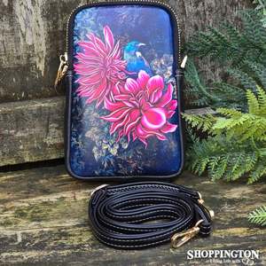 Souvenirs: Leather NZ Print Shoulder/Cellphone Bag - Tui In Dahlia's - Anita Madhav