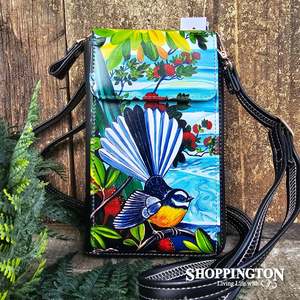 Souvenirs: Leather NZ Print Cellphone Shoulder Bag - Ocean Fantail - Irina Velman