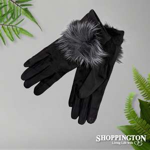 Hats Gloves: Gloves - Suede with large Pompom - Black