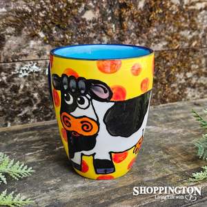 Ceramics: NZ Made Hand Painted - Cow Red Dot Yellow Blokes Mug