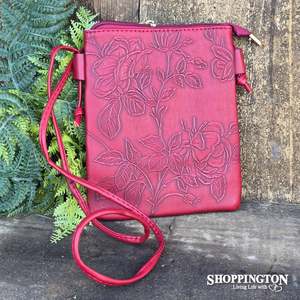 Handbags Wallets: Handbag - Hibiscus Embossed Phone Bag / Burgundy