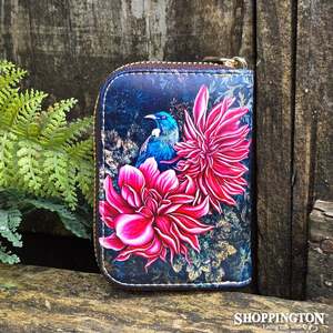 Leather NZ Print Card Wallet - Tui In Dahlia's - Anita Madhav