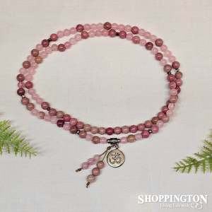 Rhodochrosite and Rose Quartz Mala Necklace- 108 Beads