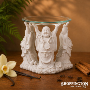 Health Wellbeing: White Laughing Buddha Oil & Wax Burner with Glass Dish