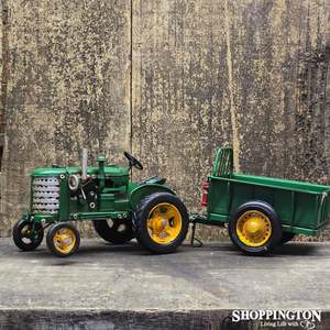 Gifts For Him: Die Cast Metal Green Vintage Tractor and Trailer Replica