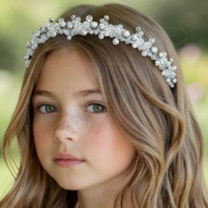Designer Girls Crowns Tiaras: Andrea Designer White Crystal & Rainbow Diamante Handmade Tiara Headband