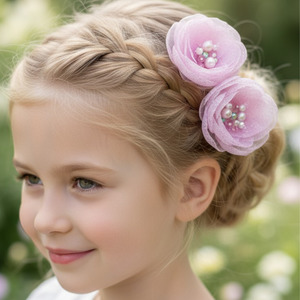 Button: Designer Girls Pink Flower Hair Clip Set - The Salma