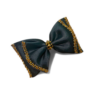 Button: Adelia Bow Clip | Luxury Black Satin Hair Bow with Gold Crystal Beads