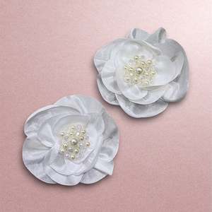 Kids Designer White Hair Accessories: Rosette Girls Flower Hair Clip Set – Handmade Satin Flower Clips with Crystal & Pearl Beads