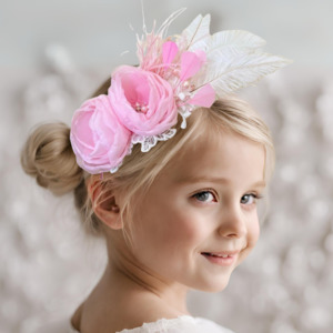 Luxury Feather Hair Accessories: Garden of Roses Girls Pink Lace & Chiffon Fascinator Headband