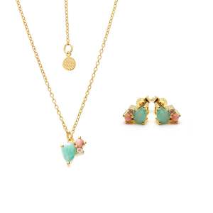 Bloom Necklace + Stud Earrings Set / Amazonite, Rose Quartz, Pink Opal / Gold
