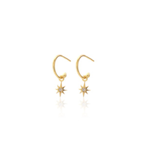 Solid 9k Gold Star Hoop Earrings + White Topaz