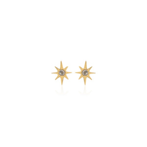 Solid 9k Gold Star Stud Earrings + White Topaz
