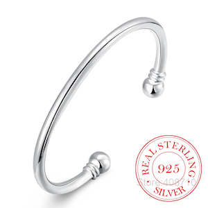 Bangle: 925 Silver Open Cuff Bangle / Bracelet Double Bead