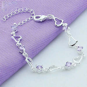Bangles: 925 Sterling Silver Heart Purple Zircon Bracelet