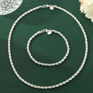 Two pieces: Sterling Silver 4mm Twisted Rope Chain Necklace & Bracelet - 20cm & 45 cm