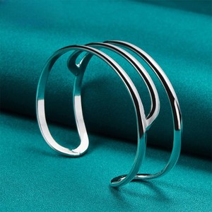 925 Sterling Silver Bangle Three-Line Adjustable Cuff