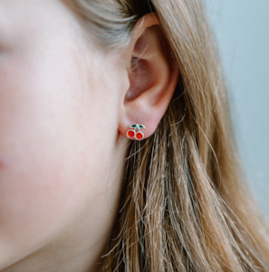 Slc Kids: Cherry Enamel Studs - Silver
