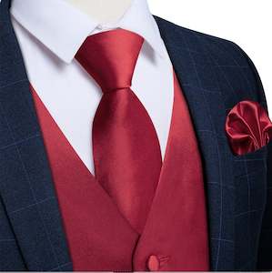 Mens Vests Waistcoats: RED SOLID SATIN WAISTCOAT VEST TIE HANDKERCHIEF CUFFLINKS SET- MD-0318