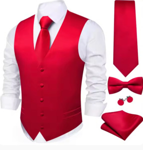 5pcs Mens Waistcoat Set Red Solid Vest Necktie Bowtie Set- BW-MJTZ-0043