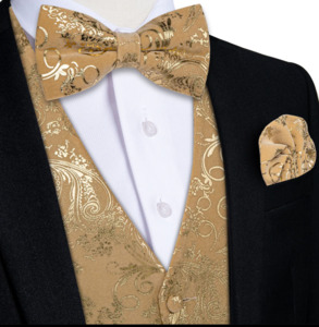 Mens Vests Waistcoats: Velvet Champagne Paisley V-Neck Men's Waistcoat Vest Bowtie Set- MJ-0850