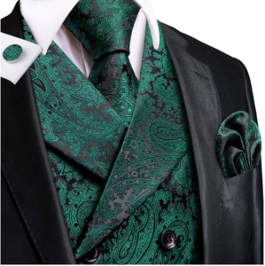 Mens Vests Waistcoats: Pine Green Paisley Men's Collar Vest Hanky Cufflinks Tie Set- MJ-3113