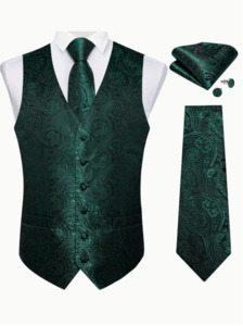 Dark Green Waistcoat Vest Necktie Handkerchief Cufflinks Set-MD-043+ N-8358