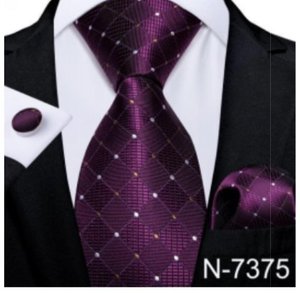 Purple Square Checked Square Men's Silk Tie handkerchief Cufflinks set