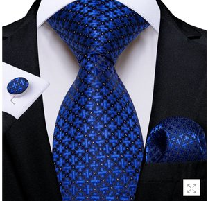 Blue Plaid Men's Tie Pocket Square Cufflinks Set- N-5461