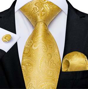 Mens Silk Tie Handkerchief Cufflinks Set: Royal Yellow Paisley Tie Pocket Square Cufflinks Set- N-7458