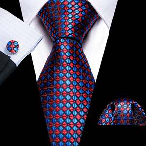 Mens Silk Tie Handkerchief Cufflinks Set: Red  Blue Plaid Silk Tie Handkerchief Cufflinks Set- N-6122