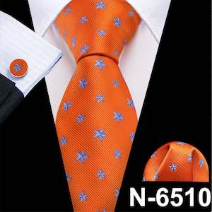 Mens Silk Tie Handkerchief Cufflinks Set: Orange Blue Star Silk Tie Pocket Square Cufflinks Set- N-6510