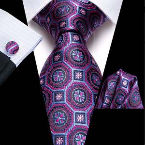 Mens Silk Tie Handkerchief Cufflinks Set: Purple  Blue Plaid Silk Tie Handkerchief Cufflinks Set-N-3438