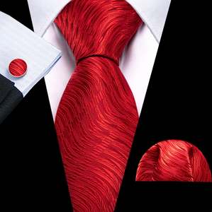 Mens Silk Tie Handkerchief Cufflinks Set: Red Floral Silk Tie Pocket Square Cufflinks Set-N-6528