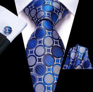 Mens Silk Tie Handkerchief Cufflinks Set: New Royal Blue White Circle Tie Pocket Square Cufflinks Set- N-3451