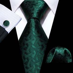 Green Lattice Men's Tie Handkerchief Cufflinks Set- N-5847