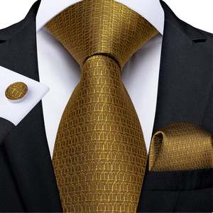New Solid Golden Tie Pocket Square Cufflinks Set - N-7341