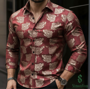 Mens Shirts: Gold Floral Button Up Shirt Casual Burgundy Polyester Long Sleeve Dress Shirt- CYDJ-1007